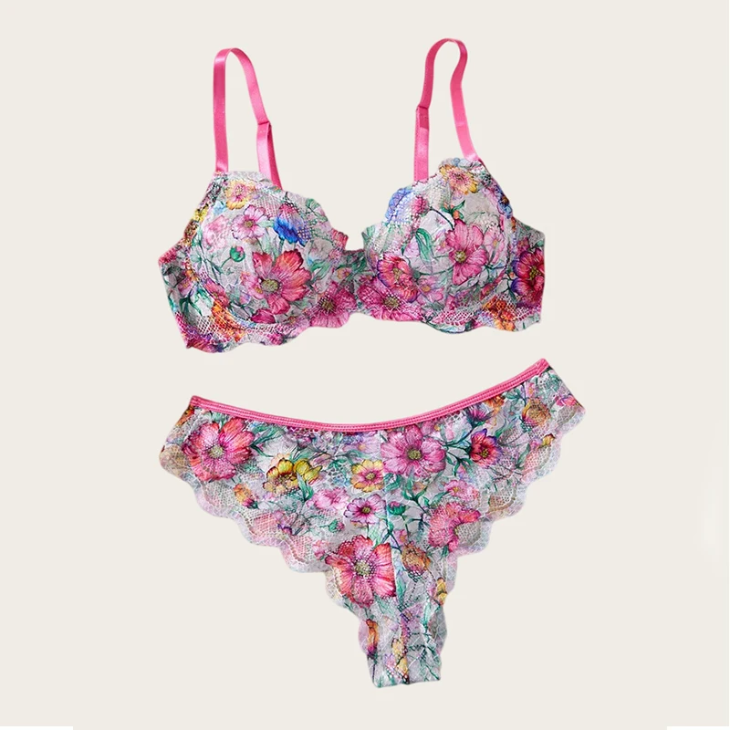Vrouwelijke sexy lingerie zoete print mesh ondergoed mooie bloemen bh ...