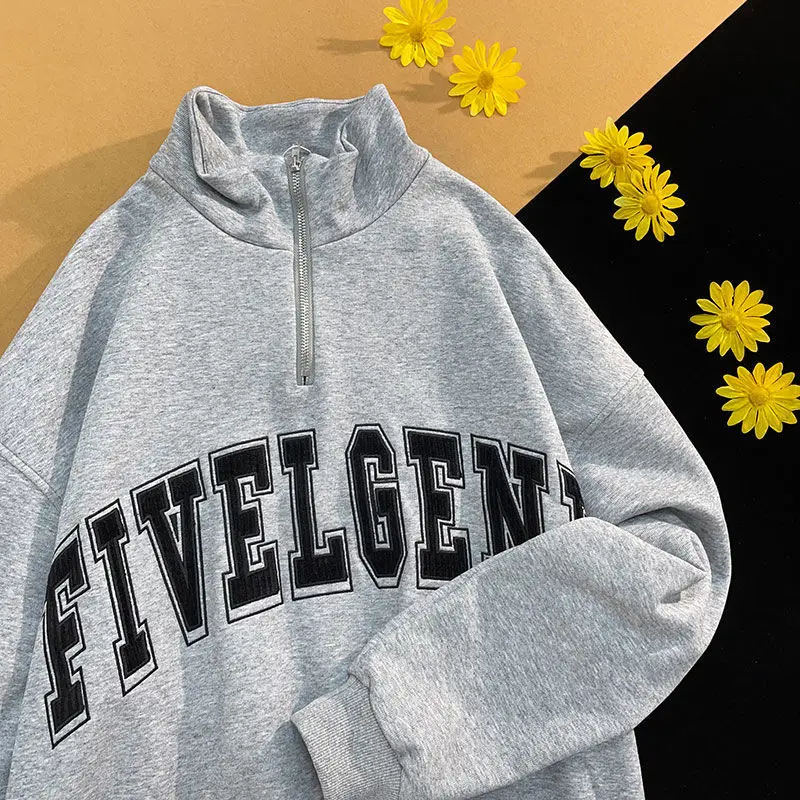 

Vintage Gray Letter Print Hoodies Women High Street Loose Sweatshirt Women Casual 2022 Zip Up Hoodie Pullover Clothes for Teens