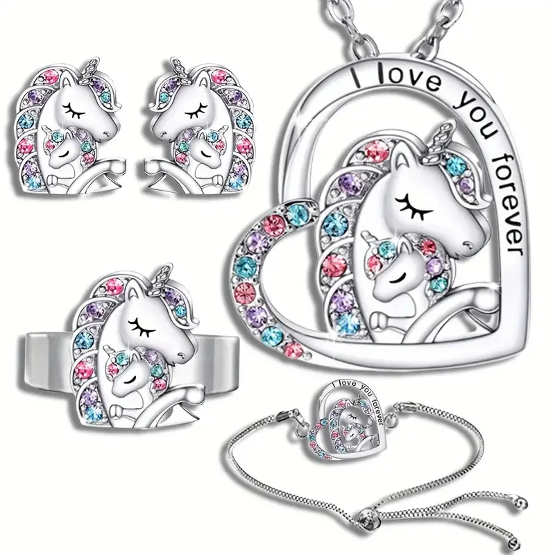 Jewelry Set Colorful Heart Unicorn Jewelry Set with Earrings Necklace and Rainbow Gemstones for Women and Kids