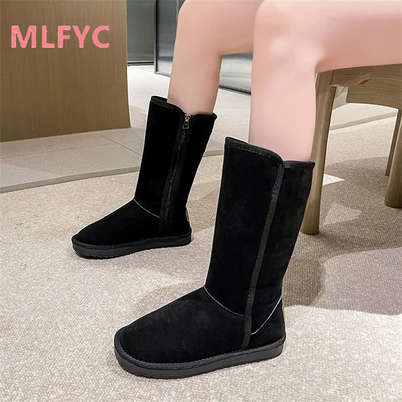 Long tube side zippered snow boots women high tube plush round toe thick soled cotton shoes winter oversized snow cotton shoes