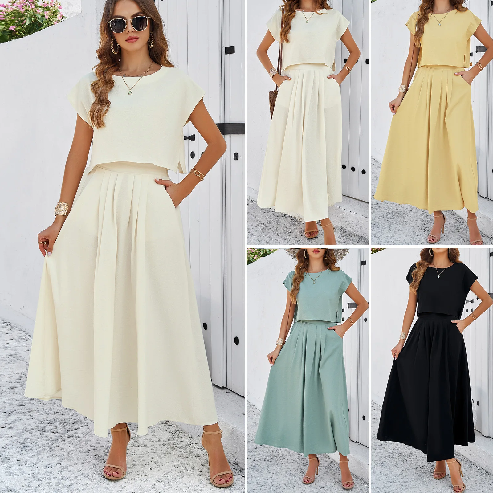 YEAE Casual Temperament Pure Colour Short Sleeve Long Skirt Women's Suit Summer Hot Fashion Women's Long Skirt Suit In New 2024 2 piece solid colour suit comfortable and casual men s polo solid colour trendy short sleeve shorts zip round neck