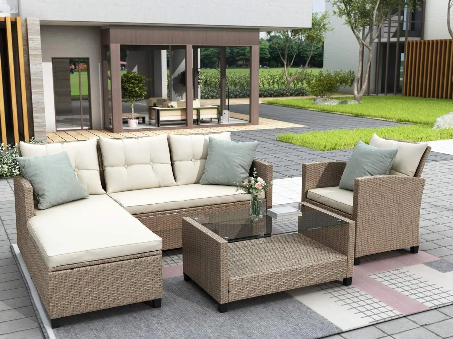 

Outdoor Patio Furniture Sets, 4 Piece Rattan Conversation Sofa Wicker Sectional Couch with Chaise Lounge, Single Sofachair, Seat