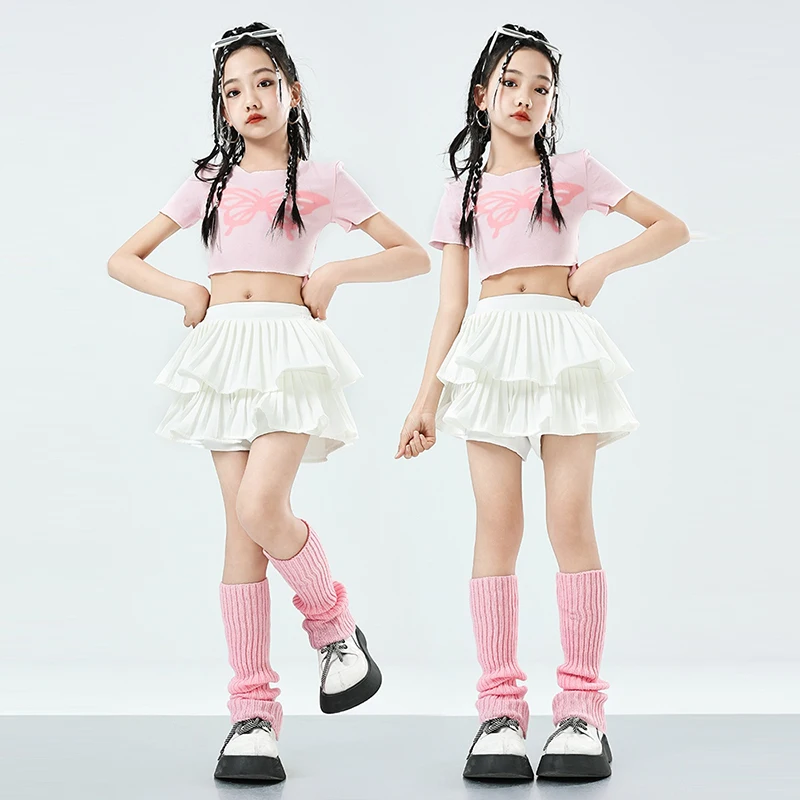 

Children's Pink Fashion Walk Fashion Girl Outfit Hip Hop Clothing Children's Cool Jazz Street Dance Performance Wear Set XH121