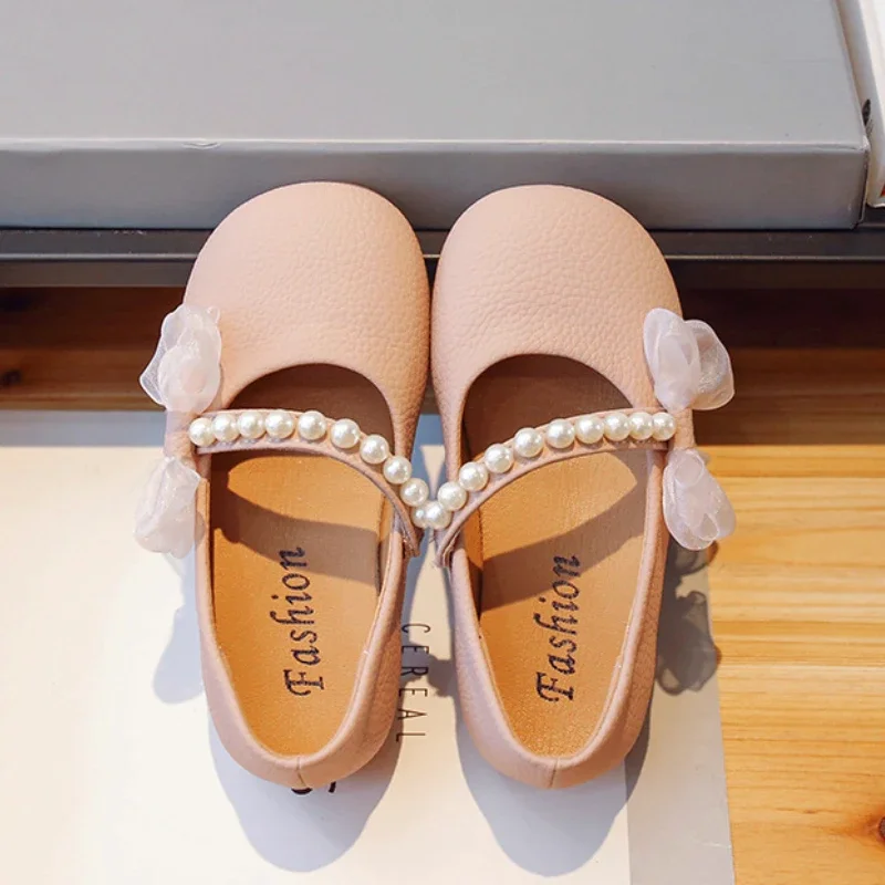 Girl Princess Leather Shoes Chic Versatile Soft Elegant Fashion Lace Bowknot Beading Kid Loafers Wedding Slip-on Mary Janes leather shoes,mary jane shoes,girls shoes