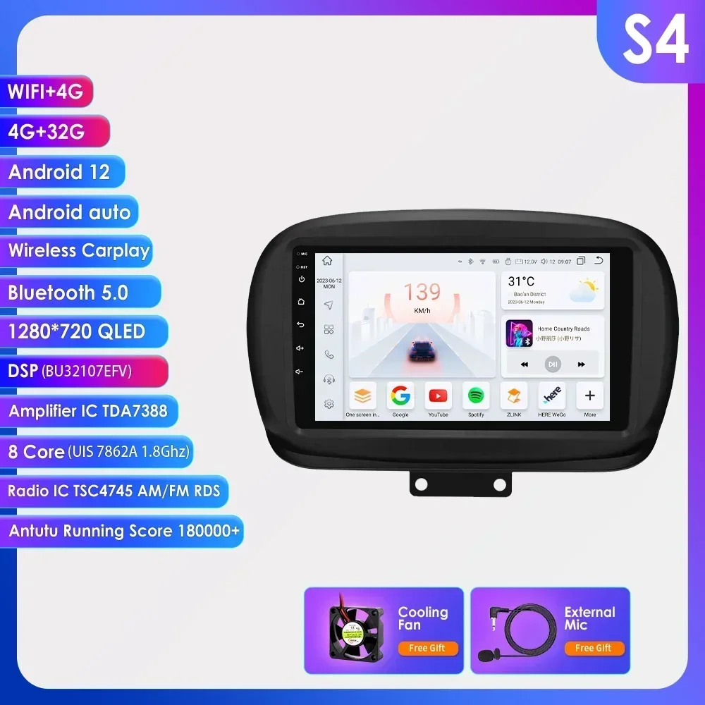 Autoradio Android Per Fiat 500X 2014-2020 - 9 Pollici Wireless CarPlay E Android Auto