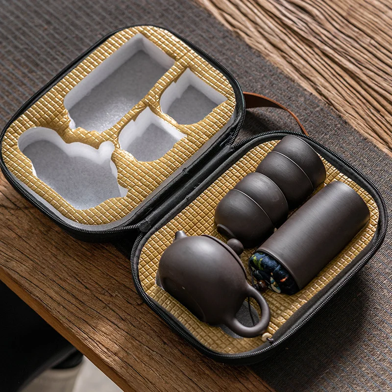 Tea Set Purple Sand Travel Teaware Set One Pot Four Cups Portable Crack Cup Kung Fu Tea Set Chinese Purple Sand