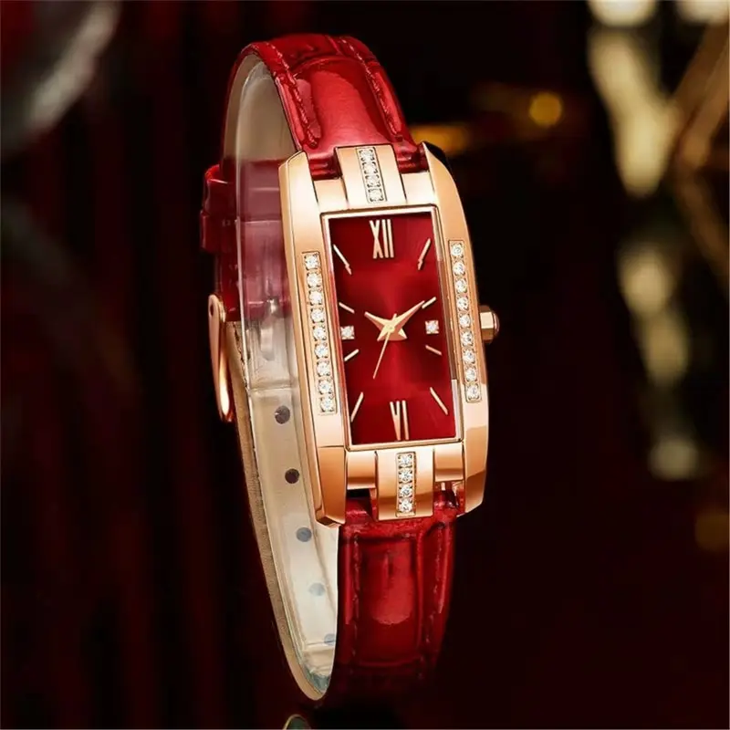 Womens Watch Fashion Square Ladies Quartz Watch Bracelet Set Green Dial Simple Leather