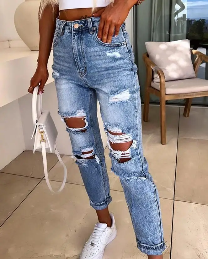 Casual Pocket Design Jeans 2023 New Fashion Women's Denim Pants Elegant Cutout Oversized Ripped Trouser Bottom Female Clothing