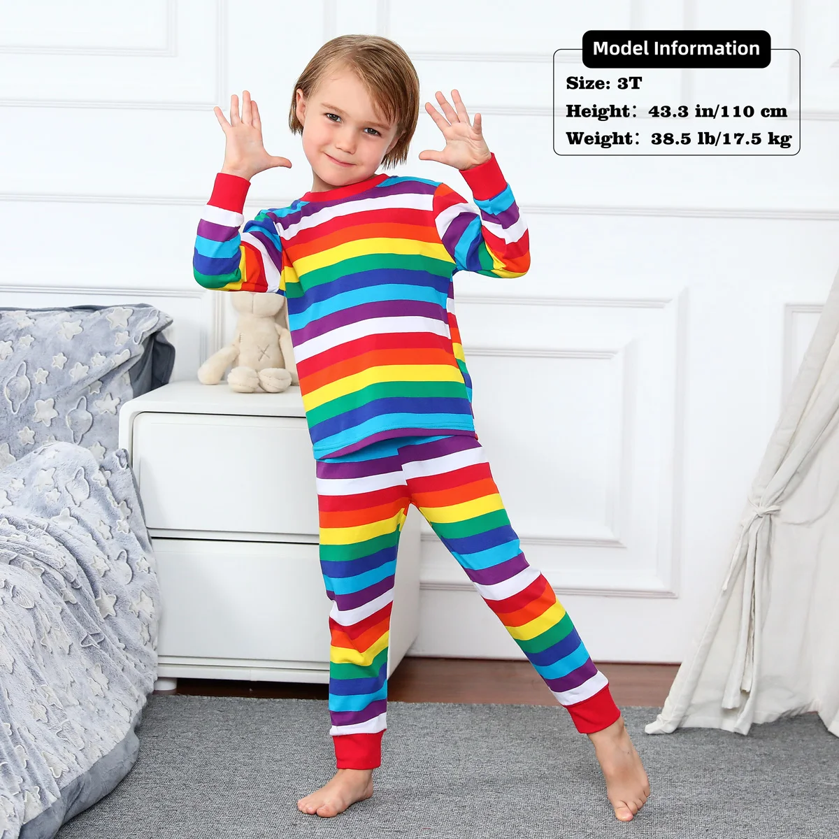 Colorful Rainbow Stripe Kids Pajamas - Boys Toddler Sleepwear Set for Halloween Carnival & Parties