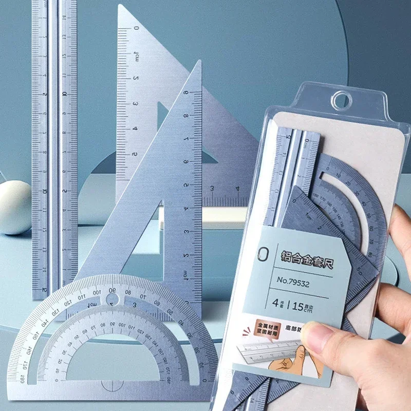 삼각형 각도기 직선 눈금자, 측정 도구, 금속 눈금자, 한국 문구, 도면 나침반, 사무용품, 4 개