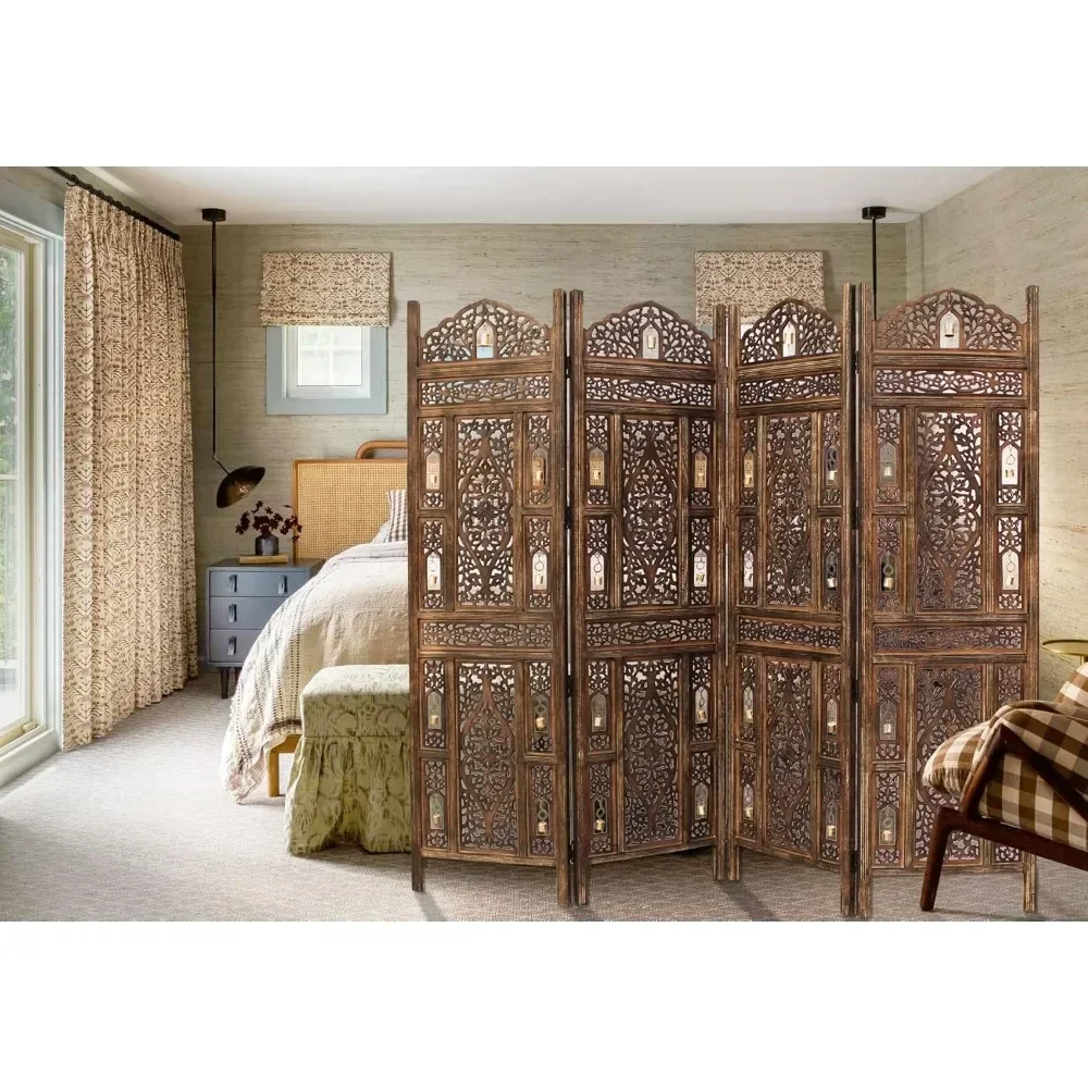 Room Divider Wood Screen Ghanti Bells Antique Brown 4 Panel Folding 72 X 80 Assembled Hand Carved Decorative
