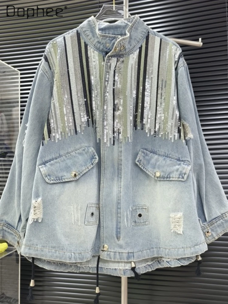 

Large Size Sequined Denim Jacket for Women 2023 Spring and Autumn New Korean Style Loose Oversize Sequin Mid-Length Jean Coat