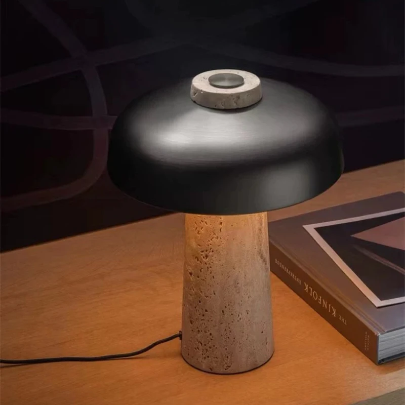 현대적인 버섯 모양의 LED 테이블 램프 천연석 블랙 메탈 USB 충전 침실 거실용 3000K 분위기 조명
