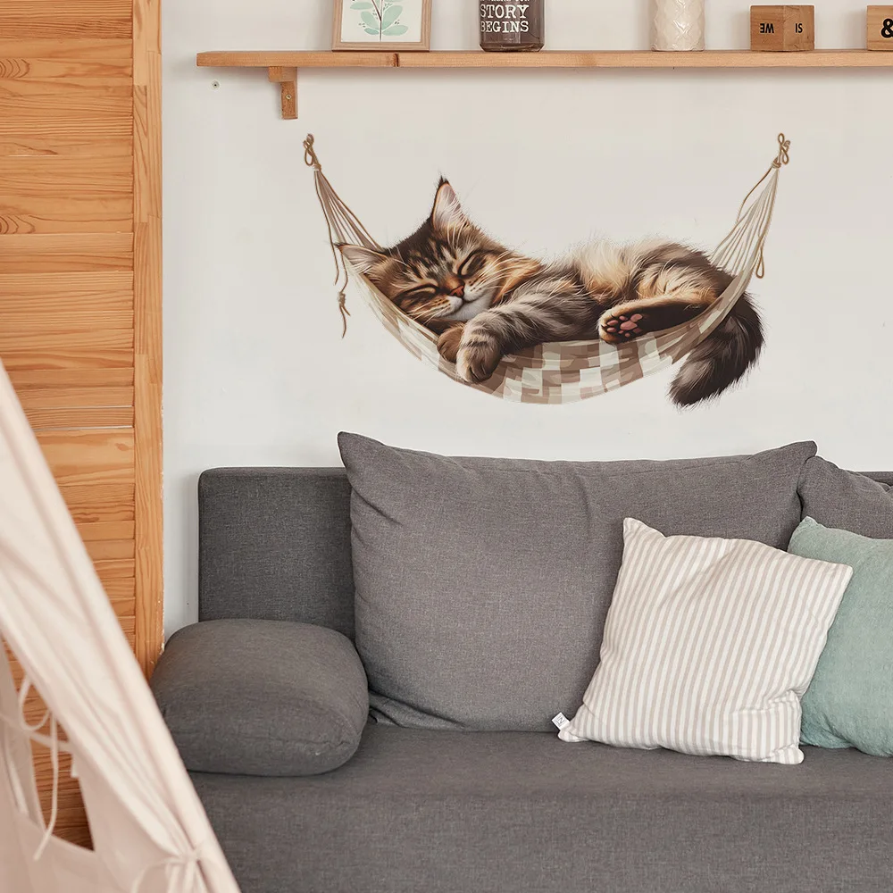 Creative Hammock Kitten Wall Stickers Kids Room Background Decor Wallpaper For Baby Bedroom Decoration Self-adhesive Home Decals wall stickers,luminous wall stickers,vinyl decal stickers,children room decoration