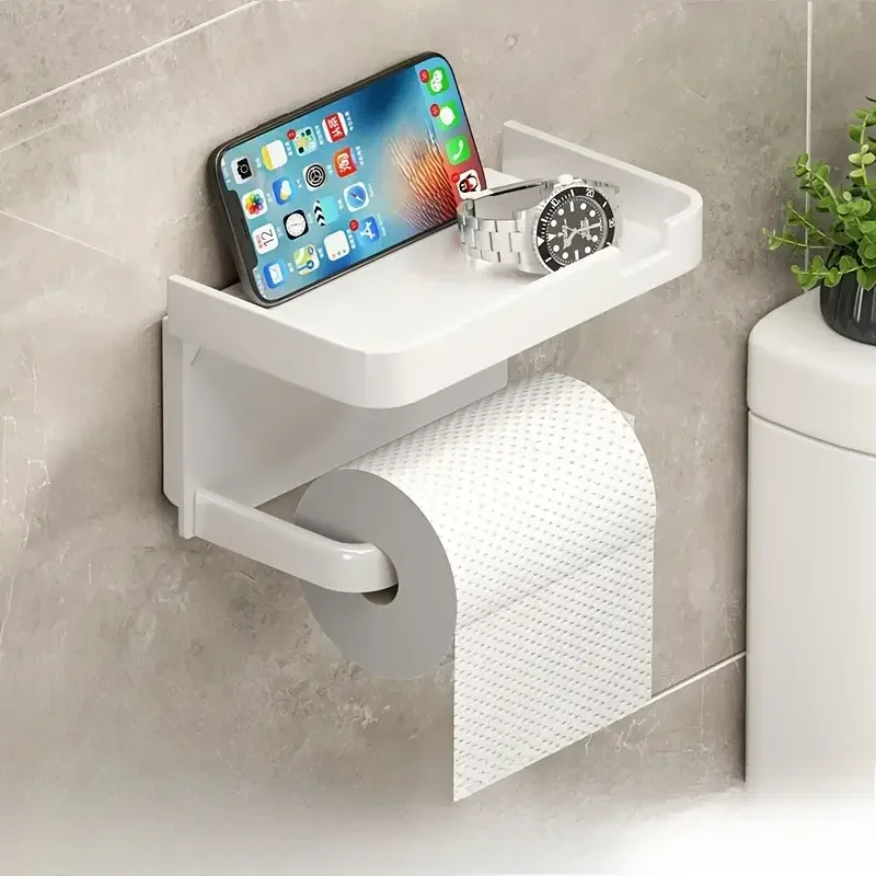 Wall Mounted Toilet Paper Holder Durable ABS Plastic No Drill Adhesive Tissue Rack Space Saving Storage Shelf Waterproof Material