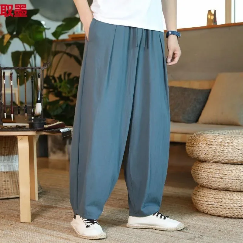 Extra Large 300kg Chinese Style Cotton Linen Cropped Pants Loose Fit Casual Pants Plus Size Plus Fat Men Yoga Long