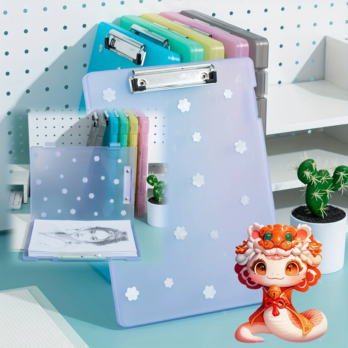 Floral Plastic File Folder with Writing Pad and Pen Slot Large Capacity Rectangular Office Organizer Box