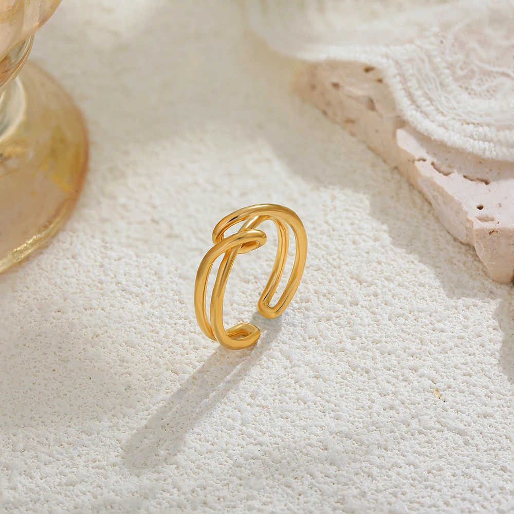 Hollow Double-layer Twisted Rope Knot Open Rings for Women Vintage Gold Plated Stianless Steel Geometric Ring New Retro Jewelry