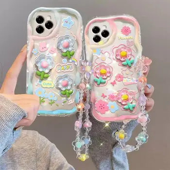 3D Cartoon Cute Flower Case For iPhone 16 15 14 Plus 13 12 Mini 11 Pro XR XS Max cover With Wrist Chain 1