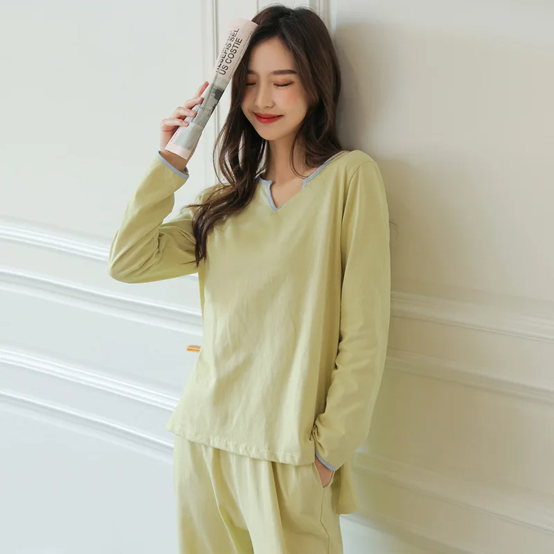 

Fdfklak 100% Cotton Pajamas For Women New Casual V Neck Sleepwear Set Long Sleeve Trousers Home Suit Pyjama Pour Femme 2 Piece