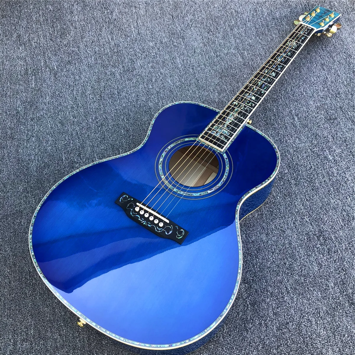 

40 Inches Custom Blue Burst Maple OM Style Acoustic Guitar Abalone Binding and Inlays Ebony Fingerboard Gift