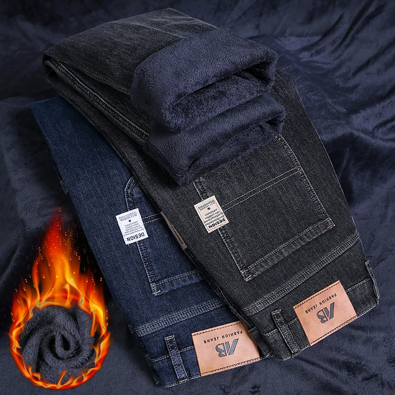 Winter Fleece Loose Jeans Men Classic Straight High Quality Thicken Warm Velvet Trousers Business Casual Brand Denim Pants 6