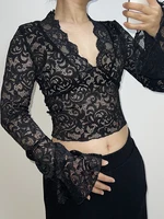 Haut en dentelle esthétique pour femmes, vêtements Sexy transparents, col en V profond, t-shirts évasés à manches longues, vêtements de fête, Clubwear 3