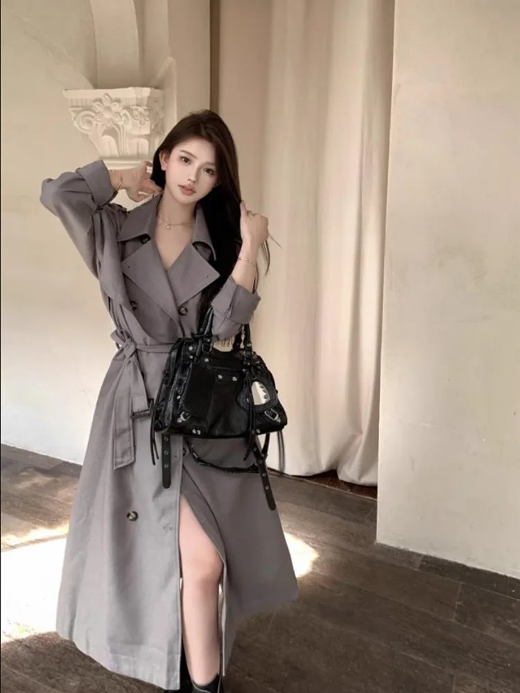 Grey Medium Length Trench Coat For Women's Winter New Belt Waist Tied British Long Coat Trench Women Knee Length Windbreak Coat