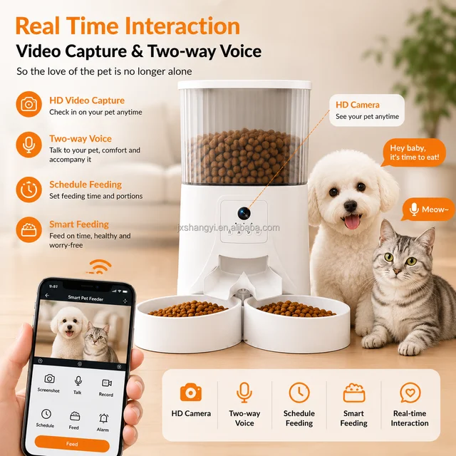 Timed Auto Pet Feeder 4L WiFi Smart Portion Control Dog Cat Food Dispenser With 2-Way Splitter And Double Bowls 2