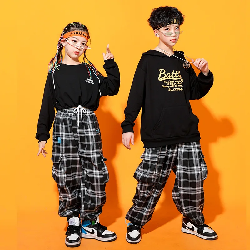 

Boys Hip Hop Hoodies Plaid Joggers Girls Crop Top Street Dance Pants Clothes Sets Child Streetwear Sweatshirt Kids Jazz Costumes