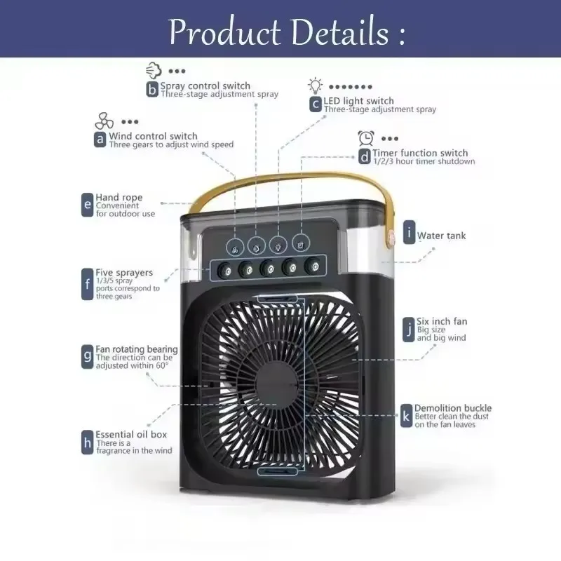 2026 portable fan 3-in-1, air conditioner, small household air cooler, night LED light, humidifier, air conditioning, household 6