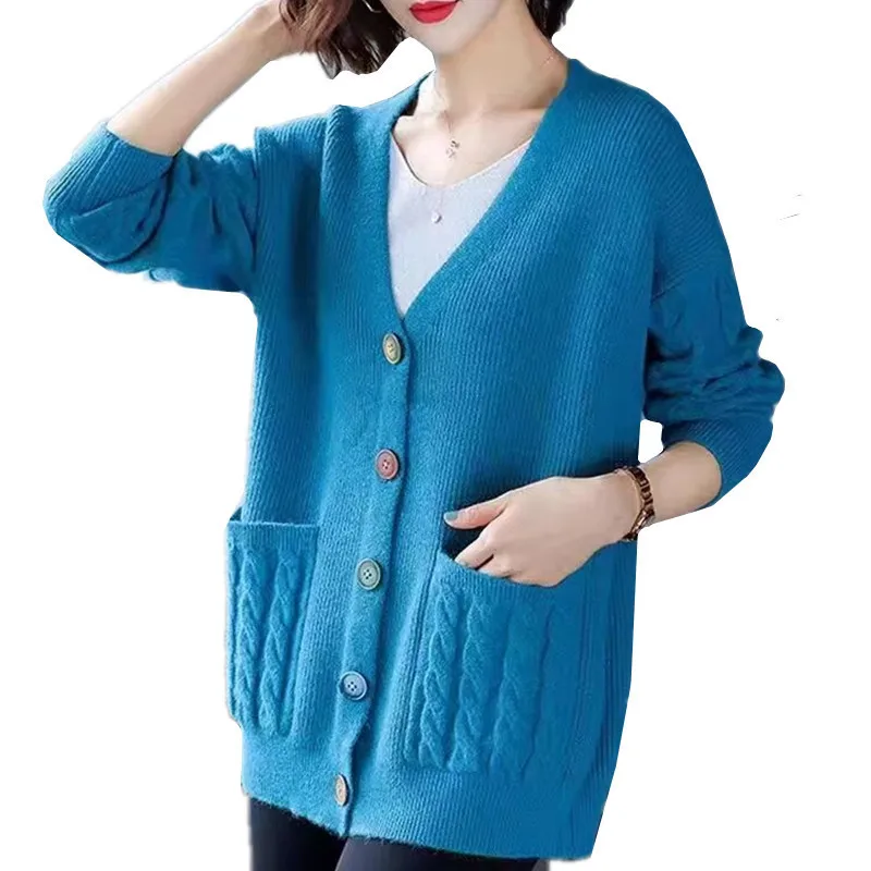 

Женский трикотажный кардиган с V-образным вырезом и карманами