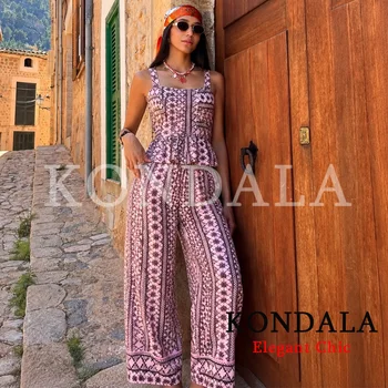 KONDALA Women Vintage Boho Embroidered Set Summer High Street Holiday Long Pants Set 2026 Trendy Elegant Camisole Top ,Trousers