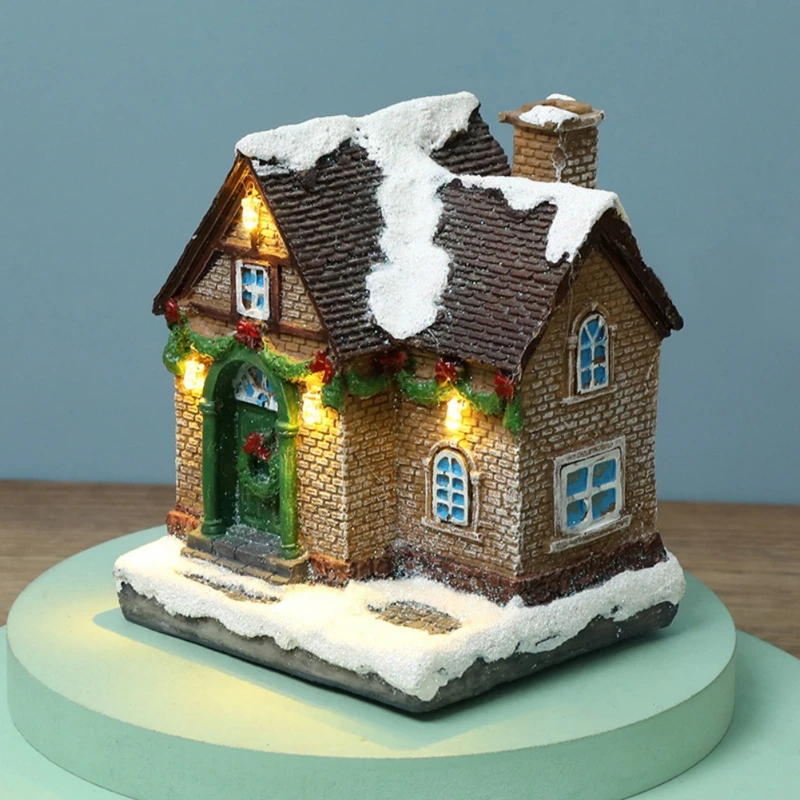 LED Resin House Village Ornaments Figurines Decoration Snow View House Holiday Christmas Glow Ornaments Gifts Party Home Decor