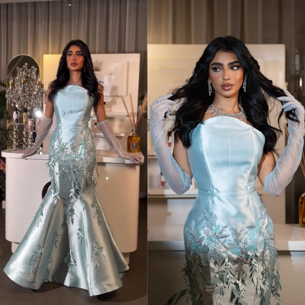 

Fashion Strapless Mermaid Evening Dresses Flower Satin Formal Occasion Gown ladies dresses for special occasions vestidos de