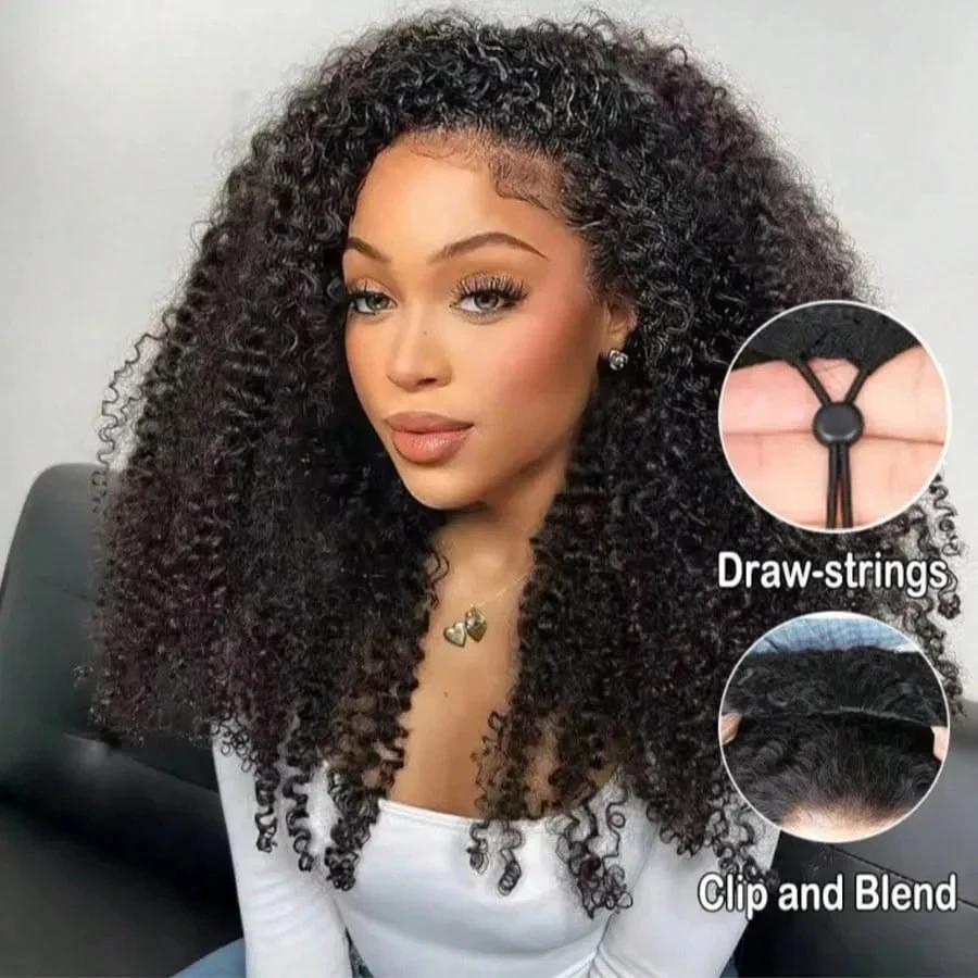 Voluminous Jerry Curly 3 In 1 Half Wig Human Hair Drawstring Glueless Wear & Go Kinky Curly Flip Over Human Hair Blend Wig Debut