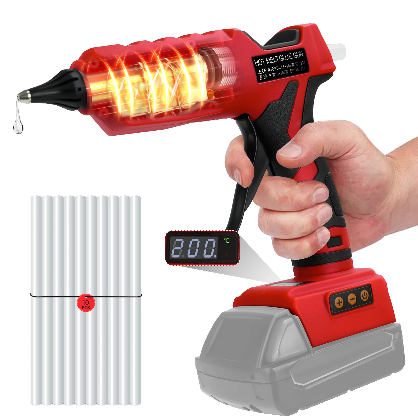 Cordless Hot Glue Gun 100W 100&deg;C-200&deg;C Temp Adjust with 10Pcs 11mm Glue Sticks For Milwaukee 18V Battery