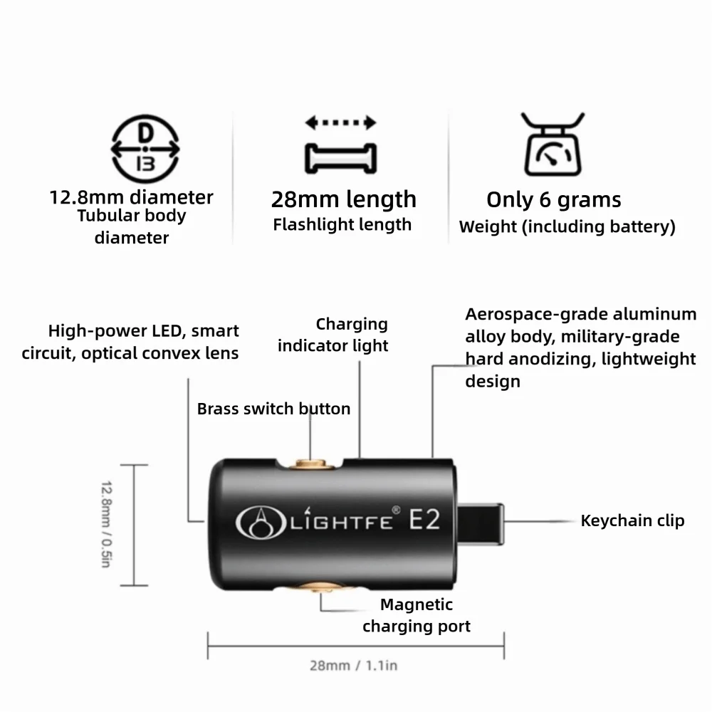 Ipx6 Waterproof 6g Mini Flashlight Keychain 6-Mode Strobe Sos USB Magnetic Charging Work Light Camping Lantern Running Hiding