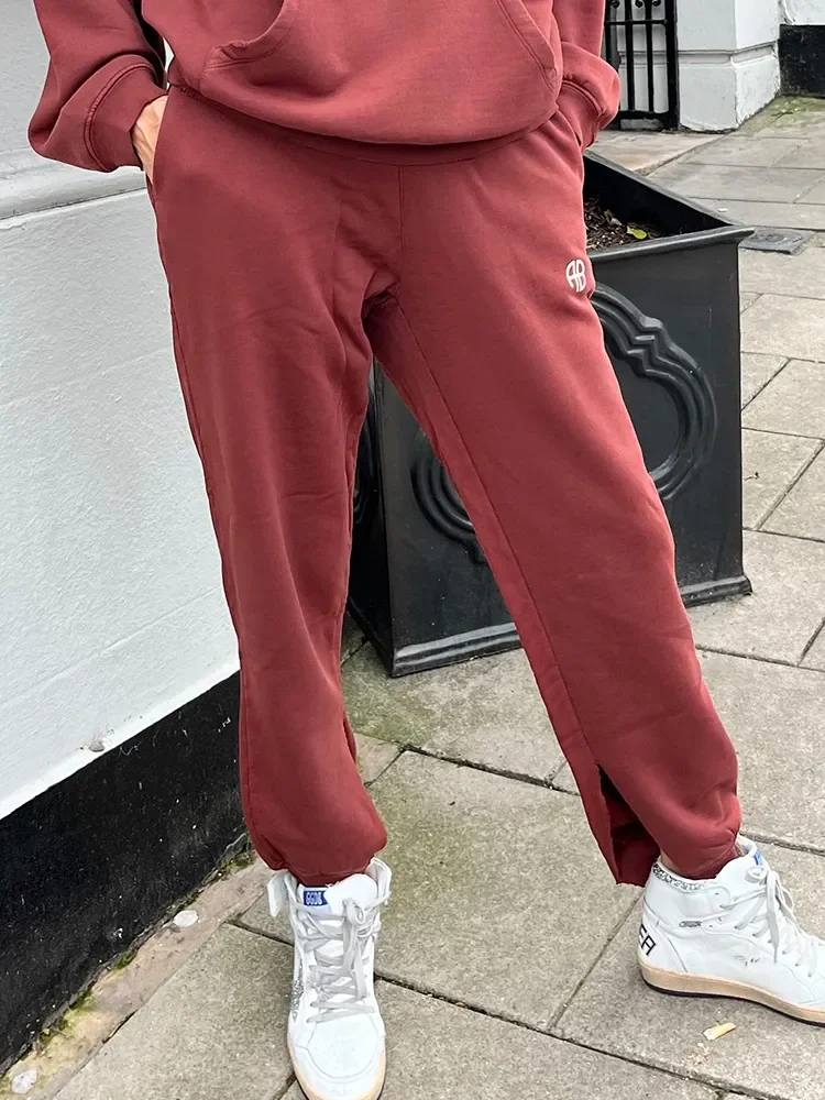 

Women Red Set Logo Print Elastic Waist Cotton Pants or Long Sleeve Pockets Female Casual Hooded Sweatshirt