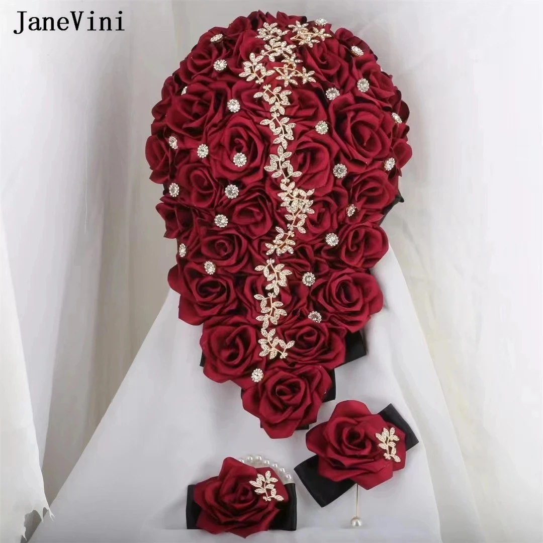 

JaneVini Luxury Rhinestone Burgundy Waterfall Bridal Bouquets Handmade Satin Roses Cascading Flowers Bouquet Wedding Accessories