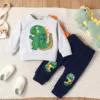 2Pcs Infant Baby Boys Clothes Sets Cartoon Dinosaur Print Long Sleeve Pullovers+Pants Sets Two Piece Outfits 3 6 12 24 Months 1