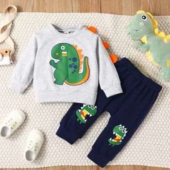2Pcs Infant Baby Boys Clothes Sets Cartoon Dinosaur Print Long Sleeve Pullovers+Pants Sets Two Piece Outfits 3 6 12 24 Months 1