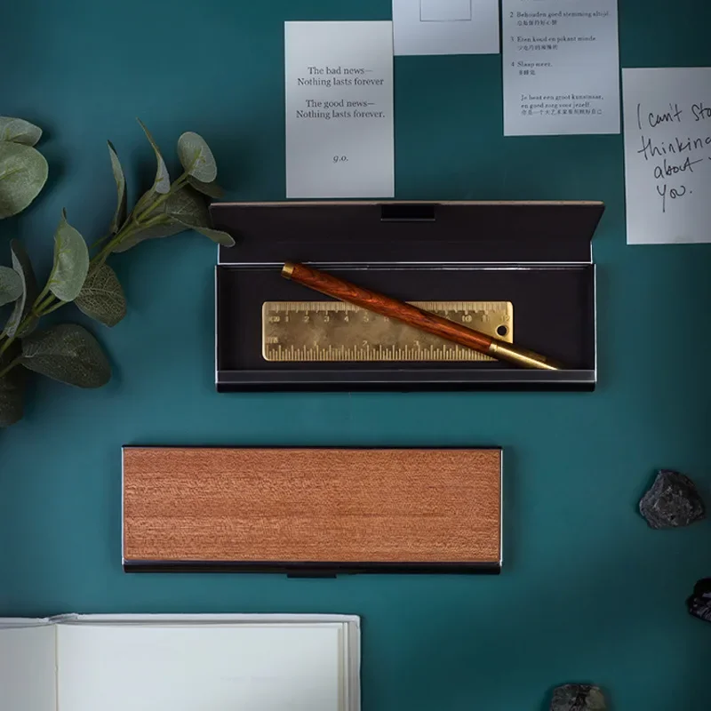 Simple Solid Wood Pen Box Retro Creative Portable Pen Storage Box Metal Business Stationery Box Gift Goods for Students 2
