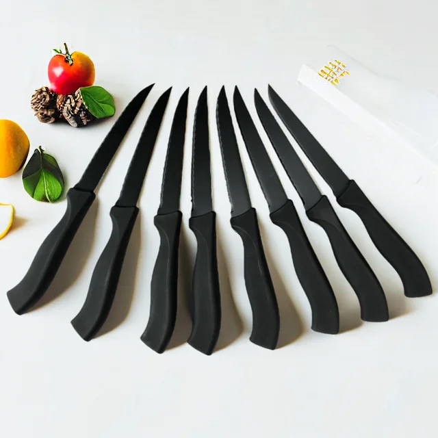 Ensemble de couteaux à Steak, 4/6/8 pièces, noir mat, poignée confortable, couteaux d'office, acier inoxydable allemand dentelé, antiadhésif, lavable au lave-vaisselle 4