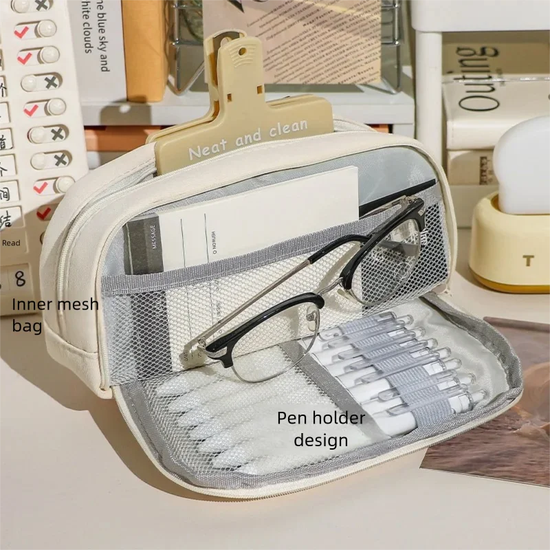 고급스러운 디자인의 버튼 캔버스 필통 다기능 대용량 학생용 수납 펜 가방 여학생 화장품 여행용 핸드백
