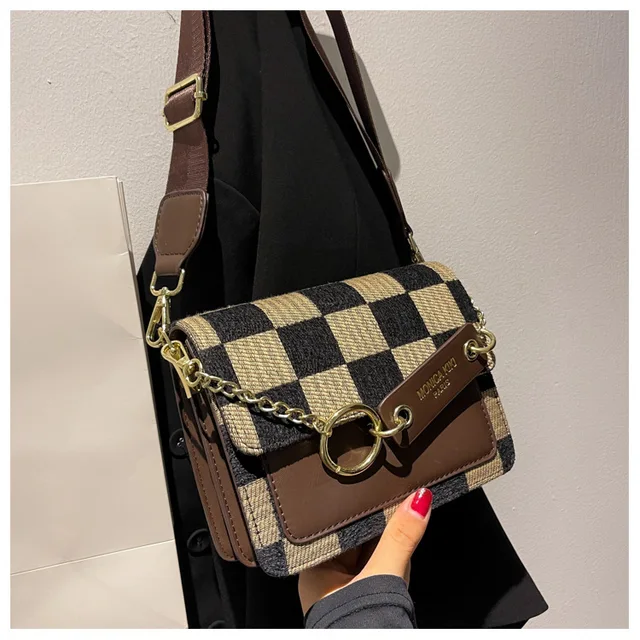  Maosanyue Handbag Simple Shoulder Bag Handbags Checkerboard  Mini Fabric Flap Crossbody Sling Bags for Women Luxury Brand Design Handbag  (Color : Brown, Size : 19 * 8.5 * 15cm) : Clothing, Shoes & Jewelry