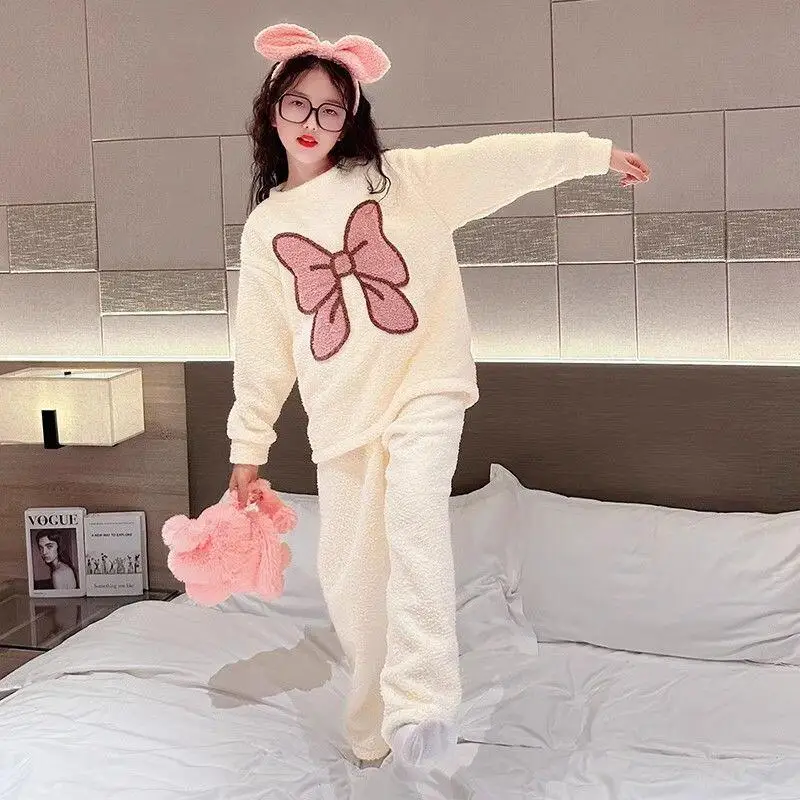 카와이 소녀 패션 잠옷 세트 학생 가을, 겨울 두꺼운 캐주얼 플란넬 탑 긴 바지 2 피스 세트 아동 의류