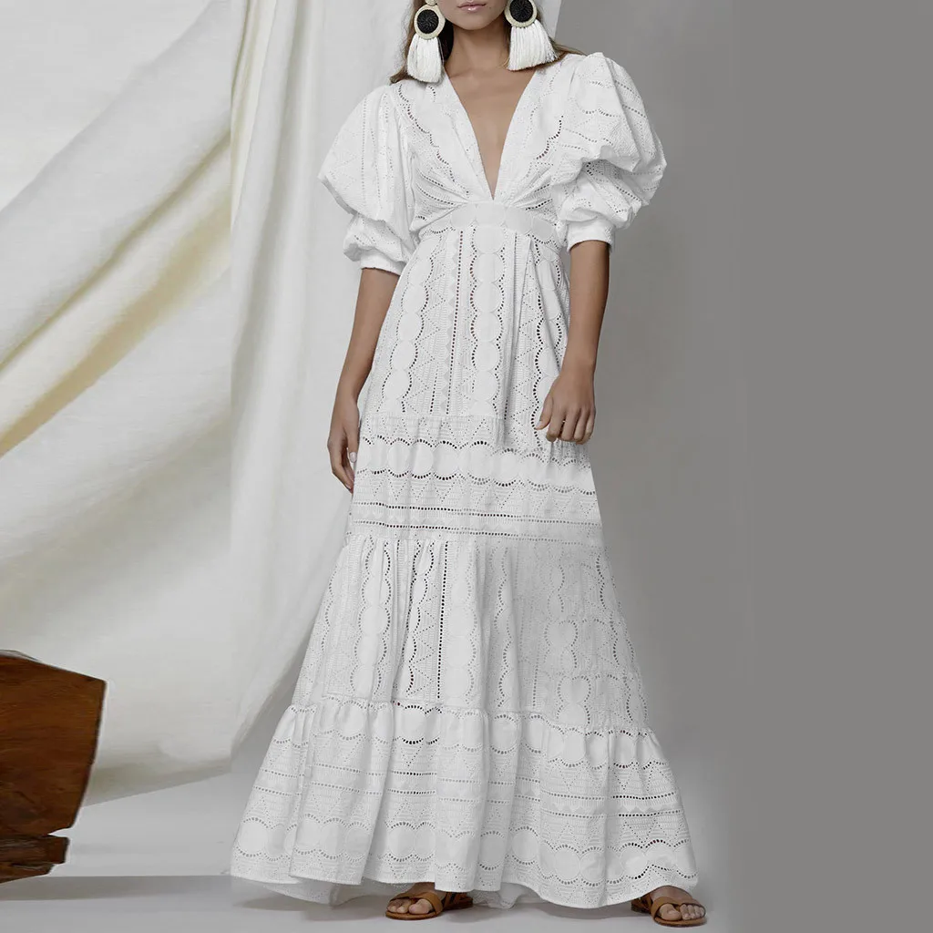 

Elegant Women'S Clothing Boho Holiday Lace Hollow Out Sundress Puff-Sleeve Solid V-Neck Maxi Dress Leisure Loose White Dresses