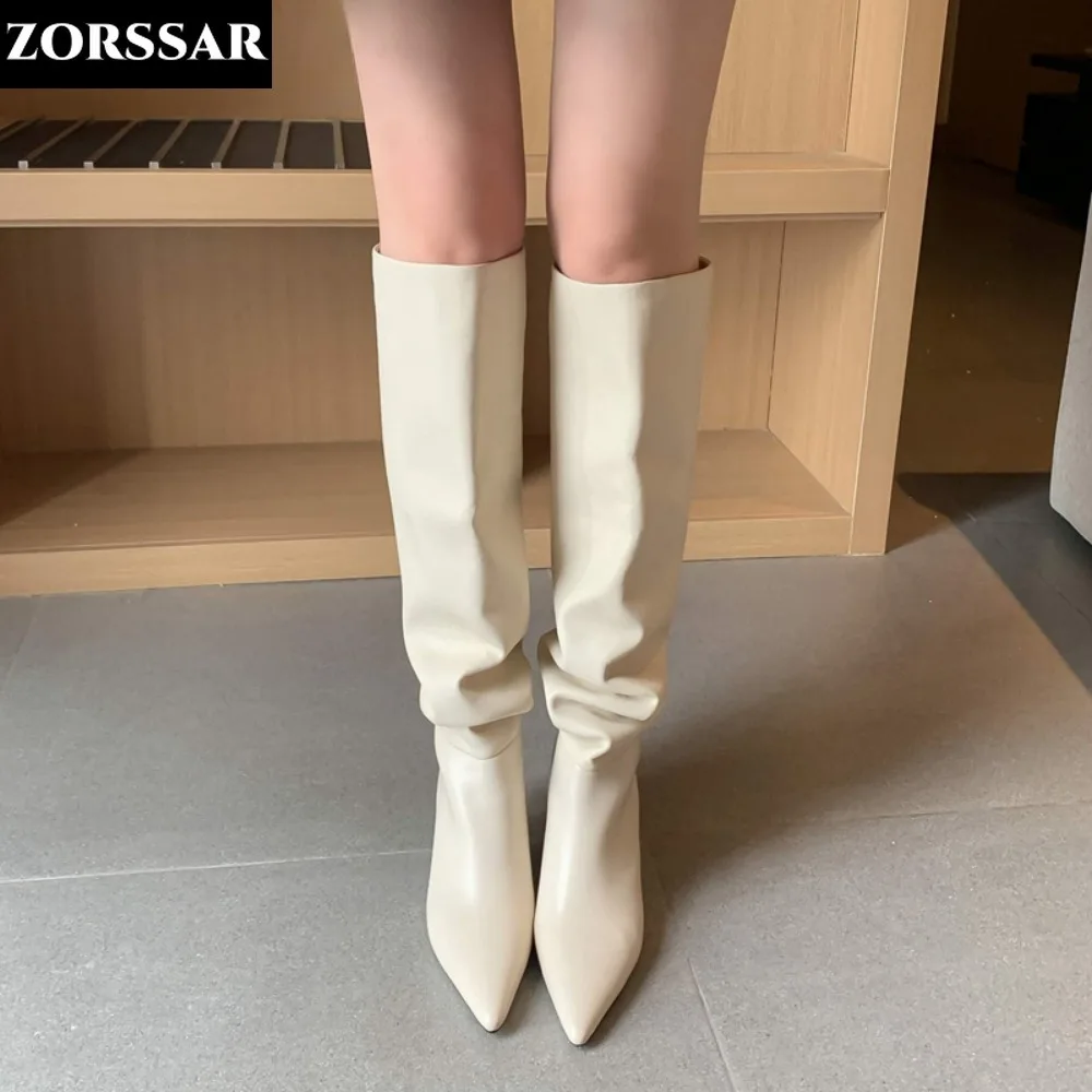 

2024 New Arrival Genuine Leather Pointed Toe High Heels Slip On Winter Shoes Nightclub Party Pleated Solid Knee High Boots