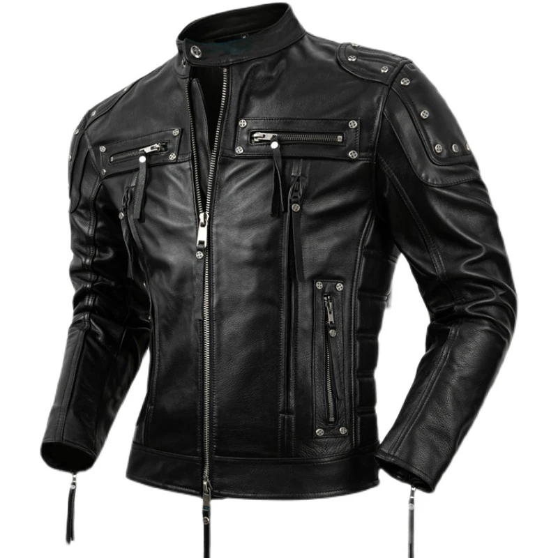 

Top layer Cowhide Corium Leather Jacket Men's Fashion Motorcycle Jackets Black Stand CollarZipperRivet Corium Leather Jacket
